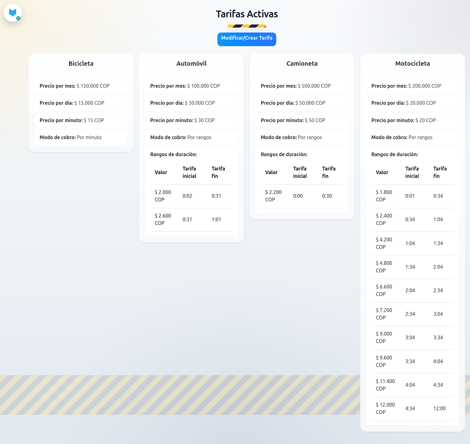 Configuración de tarifas por tipo de vehículo