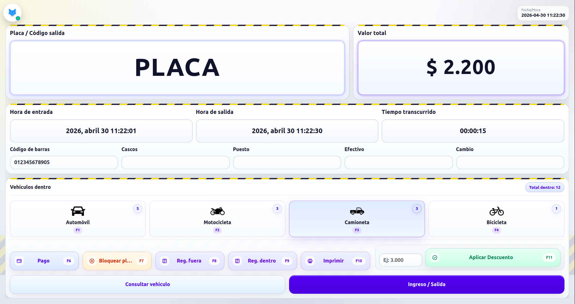 Pantalla de consulta y salida con el total calculado en Parking Fox