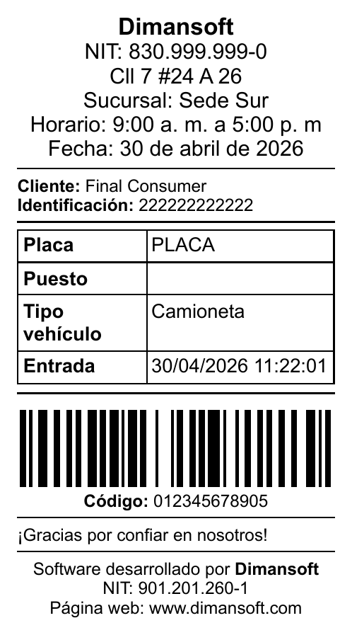 Recibo de entrada con código de barras emitido por Parking Fox