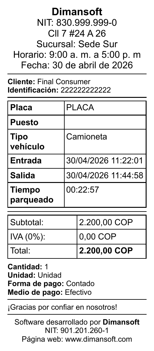 Comprobante de salida con tiempo de estadía y total cobrado